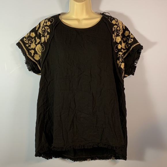 UMGEE black tan gauzy embroidered sleeves raw hem blouse size 2XL 100% cotton - Picture 1 of 7